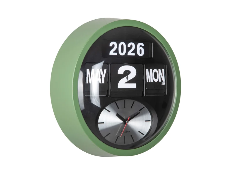 Karlsson Round Flip KA6030GR Wanduhr Dschungelgrün • Klappzahlen-Datumsanzeige • Retro-Design
