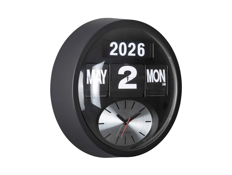 Karlsson Round Flip KA6030BK Wanduhr Schwarz • Analoge Klappzahlen-Uhr • Retro-Design