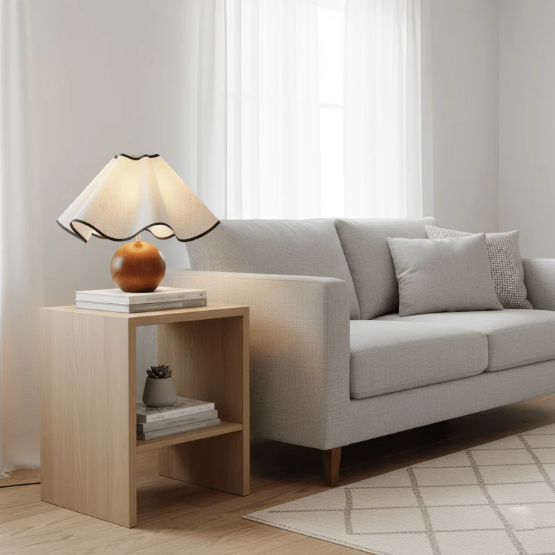 Wavecrest Tafellamp Golvende Stoffen Kap met Houten Voet ∅15″ E26/E27 Linnenkap Beige Walnoot Zwart Inline Schakelaar 59″ Snoer Organisch Golvenontwerp Sansoti