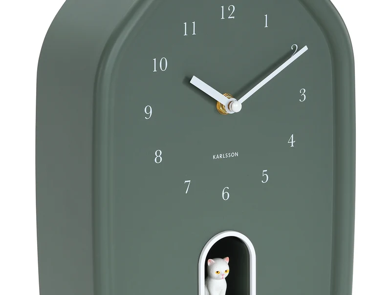 Karlsson Modern Kitty KA6100GR Wanduhr Dschungelgrün • Stündliches Miau-Kätzchen • Geräuschloses Sweep-Uhrwerk