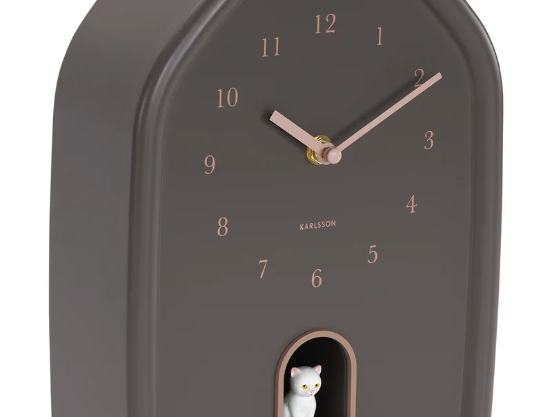 Karlsson Modern Kitty KA6100BR Wanduhr Erdbraun • Katzenmiau stündlich • Geräuscharmes Sweep-Uhrwerk