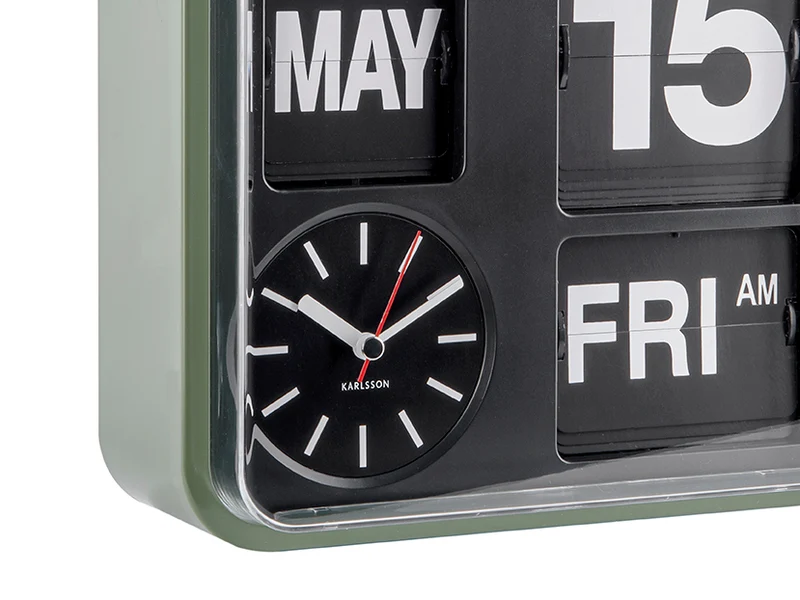 Karlsson Mini Flip KA5364GR Wanduhr Grün • Klappzahlen-Retro-Design • Datum- und Tagesanzeige