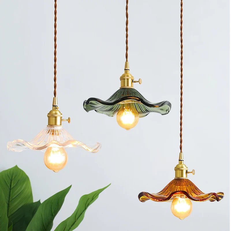 Selene Glazen Hanglamp – Hibiscusbloem Design Messing Glas – Hangende Verlichting Eetkamer Woonkamer Slaapkamer – E27 Fitting 23-33cm | Sansoti