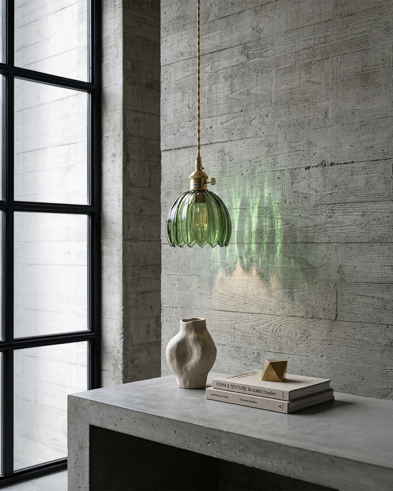 MAREN Hanglamp – Japanse Bloemvormige Glazen Lamp met Zacht Diffuus Licht – Verkrijgbaar in Groen, Transparant, Amber en Rookgrijs – Ø12cm x H18cm | Sansoti