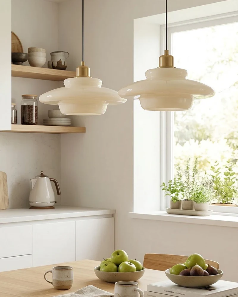 TINA Hanglamp – Mid-Century Melkwit Glas met Geborsteld Messing | Moderne Eetkamer & Keukenverlichting | Verstelbaar | E27 Fitting | Sansoti