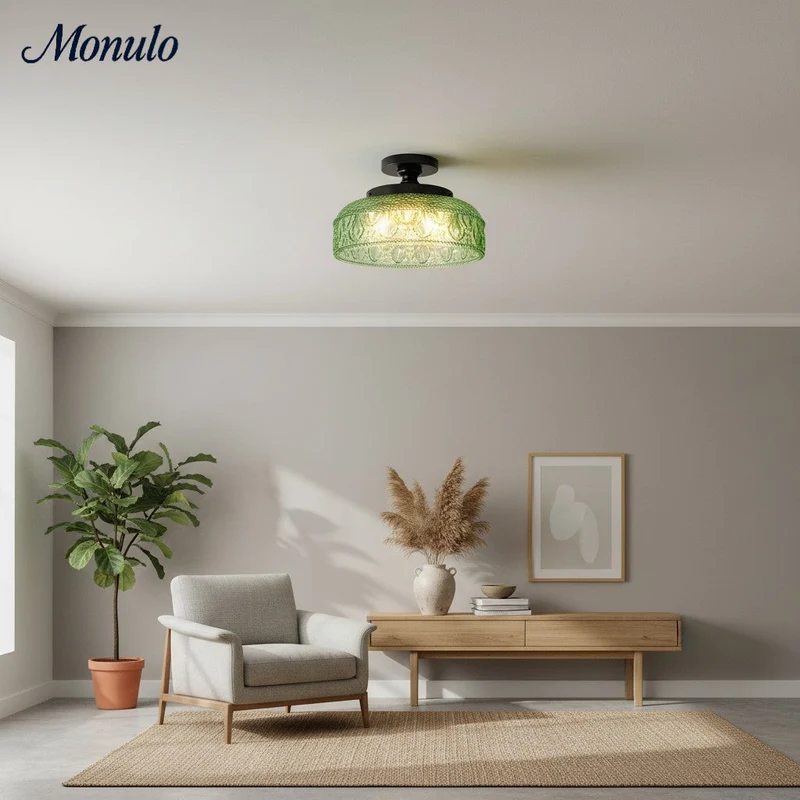 Geribbelde Glazen Plafondlamp met Metalen Armatuur – Minimalistische Verlichting voor Slaapkamer en Gang | Sansoti