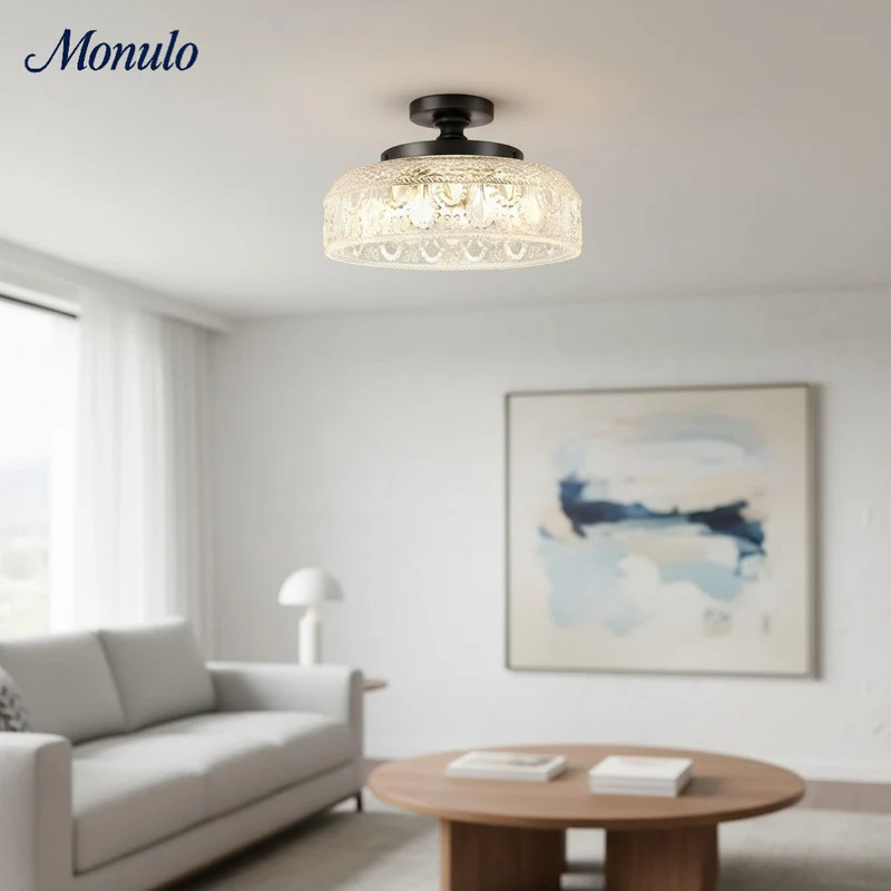 Geribbelde Glazen Plafondlamp met Metalen Armatuur – Minimalistische Verlichting voor Slaapkamer en Gang | Sansoti