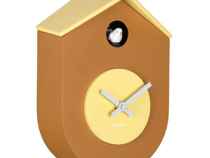 Karlsson Grato Cuckoo KA6026YE Wanduhr Ockergelb • Stündlicher Kuckucksruf • Schwingendes Pendel