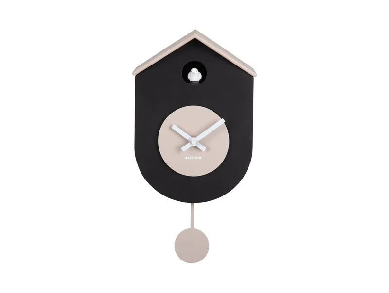 Karlsson Grato Cuckoo KA6026BK Wanduhr Schwarz/Warmgrau • Kuckucksruf zur vollen Stunde • Schwingendes Pendel