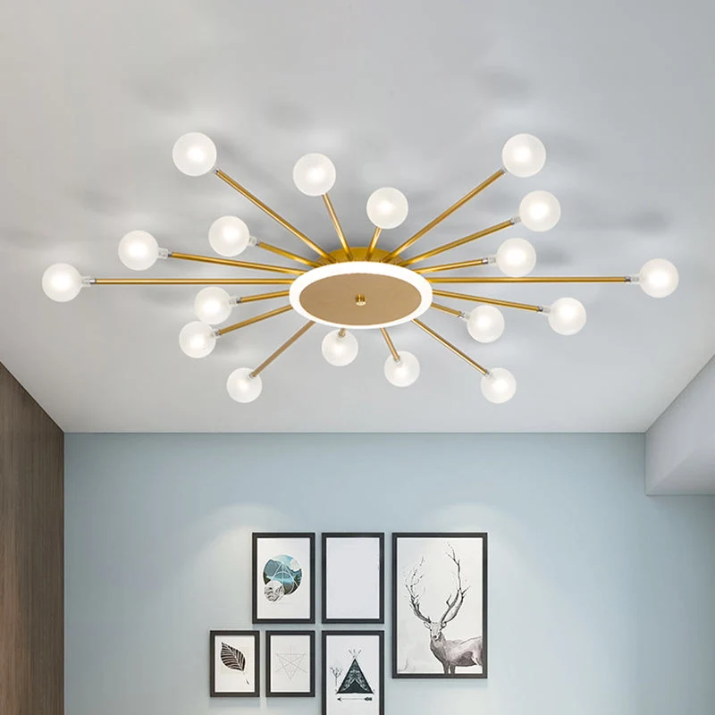 Postmoderne Plafondlamp met 18 Lichtpunten Matglas Starburst Design Zwart Goud Semi-Flush | Sansoti