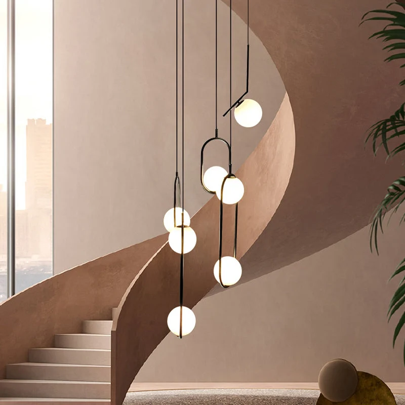 Glazen Bolkroonluchter – Zwart Metalen Hanglamp met Meerdere Glazen Bollen voor Trappenhuis, Eetkamer, Woonkamer | Sansoti