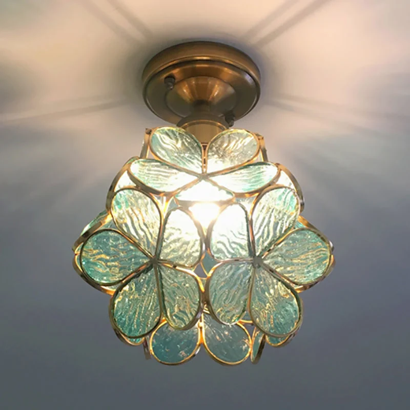 Glazen Plafondlamp met Bloemmotief – Vintage Glas-in-Lood Stijl – 8 inch – Roze/Blauw/Groen/Helder – Retro Semi-Flush Plafondverlichting voor Hal en Gang | Sansoti