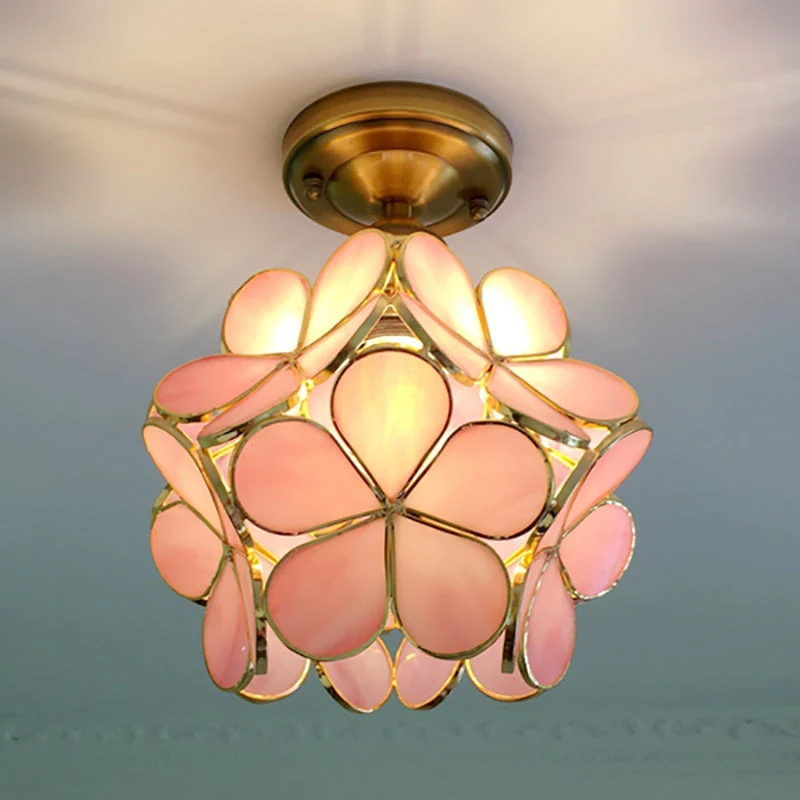 Glazen Plafondlamp met Bloemmotief – Vintage Glas-in-Lood Stijl – 8 inch – Roze/Blauw/Groen/Helder – Retro Semi-Flush Plafondverlichting voor Hal en Gang | Sansoti