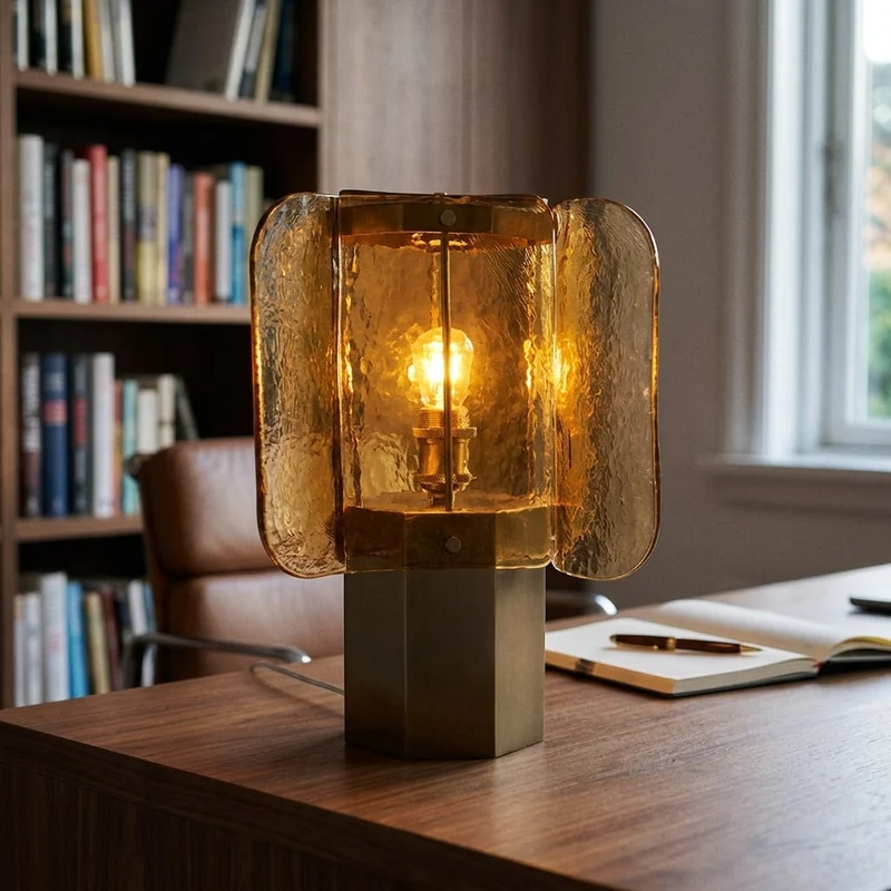 Glazen Tafellamp met Amberkleurige Panelen en Koperaccent — Warme Sfeerverlichting | Sansoti