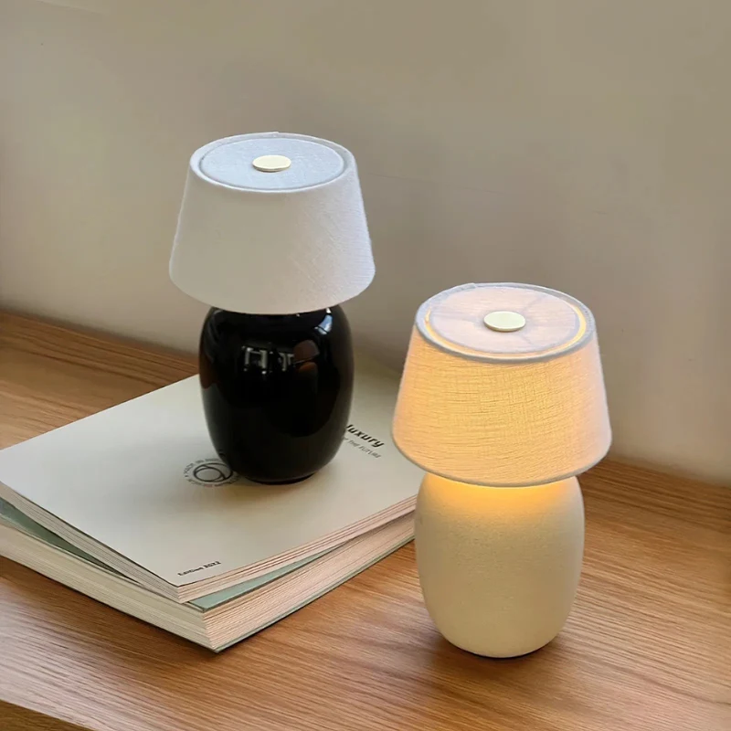 Draagbare Tafellamp met Geïntegreerde Batterij 240 lm Warm Wit 3000K Keramiek Linnen Kap Touch-Bediening | Sansoti