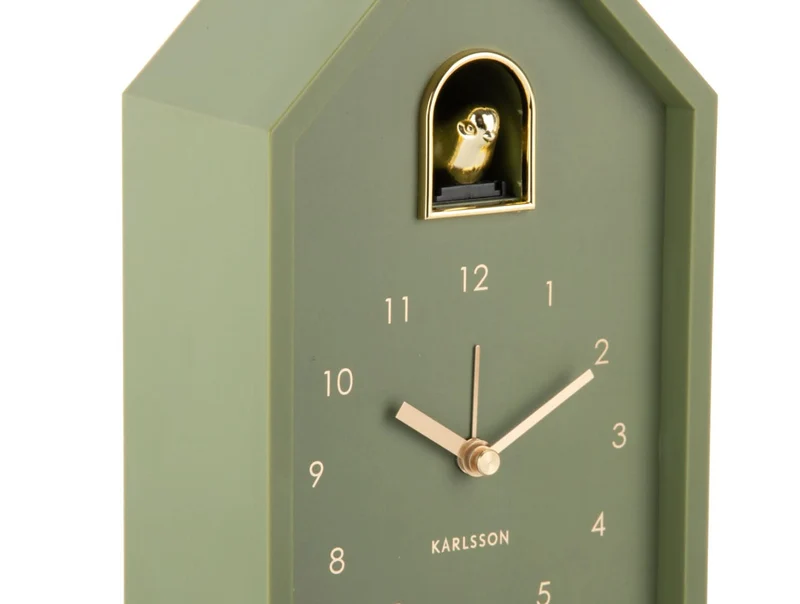 Karlsson Modern Cuckoo Oro KA6077GR Wecker Luxusgrün • Kuckucksgeräusch beim Alarm • Vergoldeter Vogel