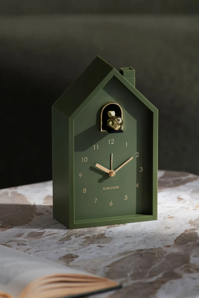 Karlsson Modern Cuckoo Oro KA6077GR Wecker Luxusgrün • Kuckucksgeräusch beim Alarm • Vergoldeter Vogel