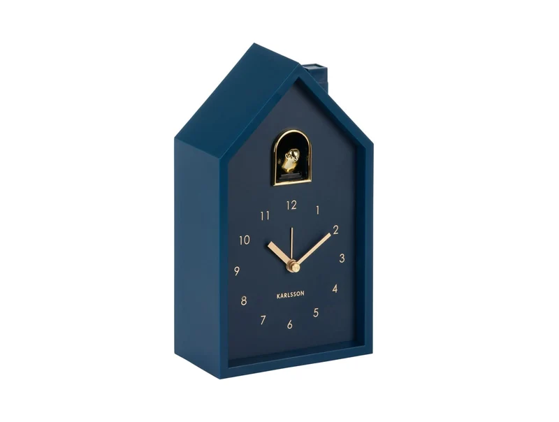 Karlsson Modern Cuckoo Oro KA6077DB Wecker Dunkelblau • Kuckucksgeräusch beim Alarm • Vergoldeter Vogel
