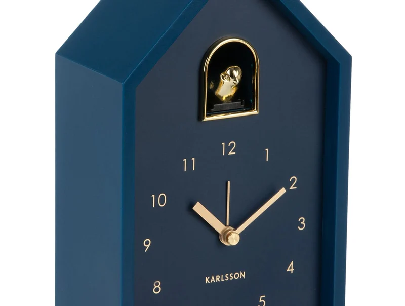 Karlsson Modern Cuckoo Oro KA6077DB Wecker Dunkelblau • Kuckucksgeräusch beim Alarm • Vergoldeter Vogel