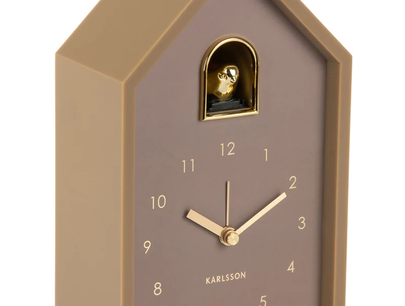 Karlsson Modern Cuckoo Oro KA6077BR Wecker Mochabraun • Kuckucksgeräusch beim Alarm • Vergoldeter Vogel