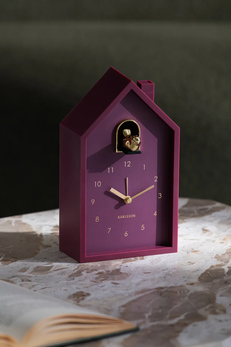 Karlsson Modern Cuckoo Oro KA6077PU Wecker Dunkelmauve • Kuckucksgeräusch mit Goldvogel • Snooze-Funktion