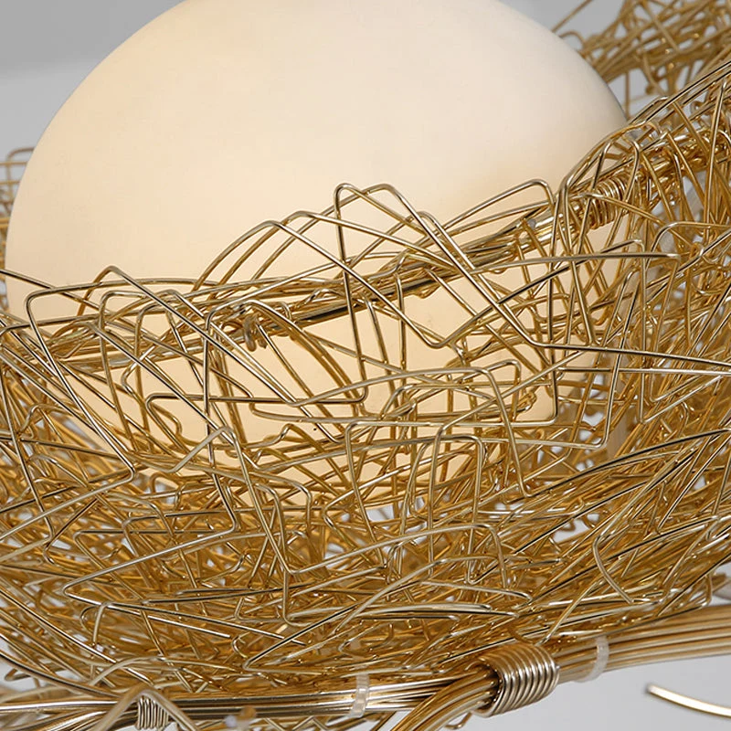 Gouden Hanglamp met Melkwit Glazen Bol en Vogelnest – Decoratieve Kroonluchter 1-3 Lichtpunten Sierverlichting Eetkamer Woonkamer | Sansoti