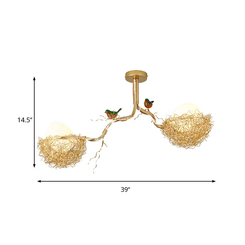 Gouden Hanglamp met Melkwit Glazen Bol en Vogelnest – Decoratieve Kroonluchter 1-3 Lichtpunten Sierverlichting Eetkamer Woonkamer | Sansoti
