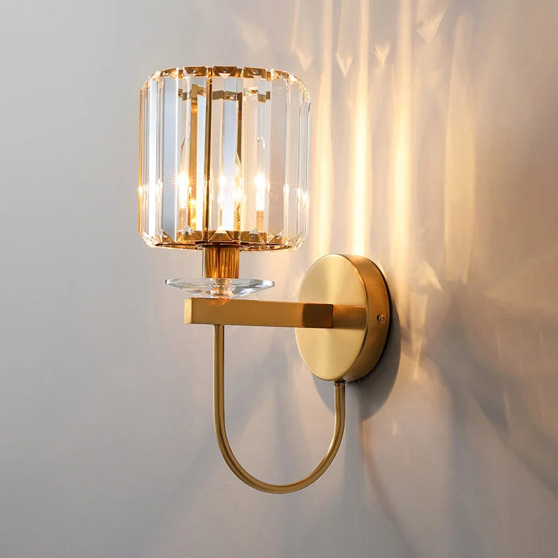 Kristallen Wandlamp Postmodern Gebogen Arm Goudkleurige Afwerking Cilindervormige Kap Decoratieve Verlichting | Sansoti