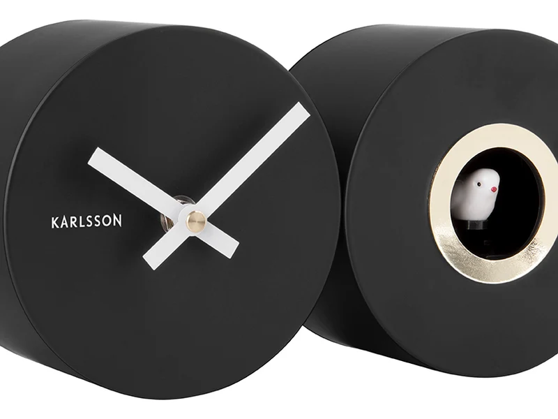Karlsson Duo Cuckoo KA5789BK Wanduhr Schwarz • Kuckucksgeräusch jede Stunde • Geräuscharmes Sweep-Uhrwerk