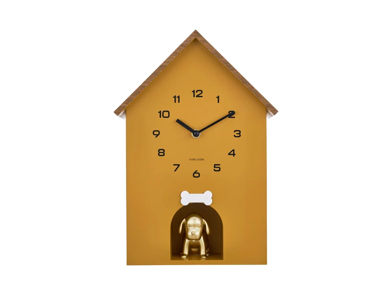 Karlsson Dog House KA6108YE Wanduhr Ockergelb • Geräuschloser Sweep-Antrieb • Verspieltes Kuckucksuhr-Design