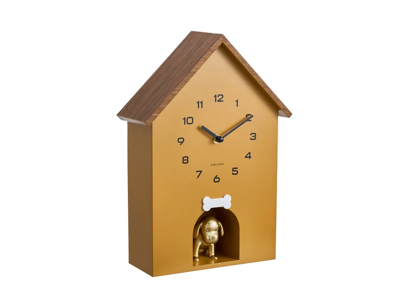 Karlsson Dog House KA6108YE Wanduhr Ockergelb • Geräuschloser Sweep-Antrieb • Verspieltes Kuckucksuhr-Design