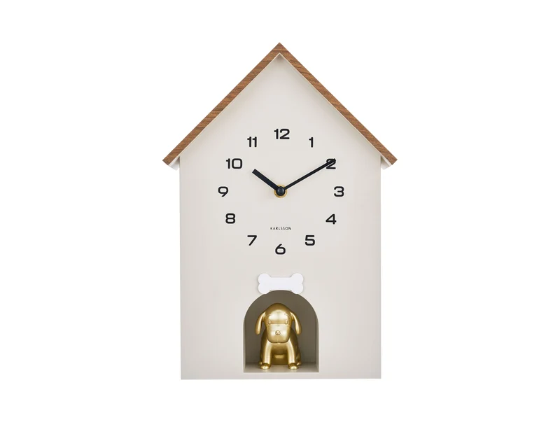 Karlsson Dog House KA6108WG Wanduhr Warmgrau • Sweep-Uhrwerk • Kuckucksdesign mit goldenem Hund