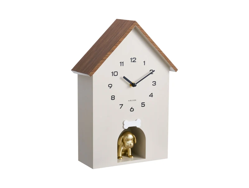 Karlsson Dog House KA6108WG Wanduhr Warmgrau • Sweep-Uhrwerk • Kuckucksdesign mit goldenem Hund