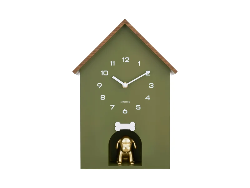 Karlsson Dog House KA6108GR Wanduhr Luxusgrün • Sweep-Uhrwerk • Verspieltes Kuckucksdesign