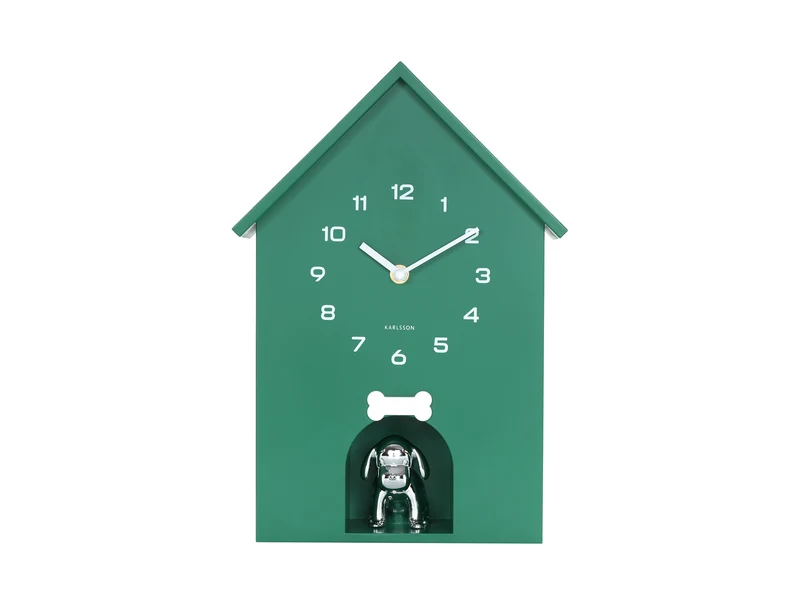 Karlsson Dog House KA6096GR Wanduhr Retrogrün • Stündliches Hundebellen • Geräuschloses Sweep-Uhrwerk