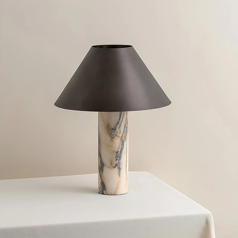 Marmeren Tafellamp met Zwarte Stoffen Kap — Natuursteen Voet Wit Marmer Textielkap — Decoratieve Verlichting voor Slaapkamer Woonkamer Bureau Nachtkastje | Sansoti