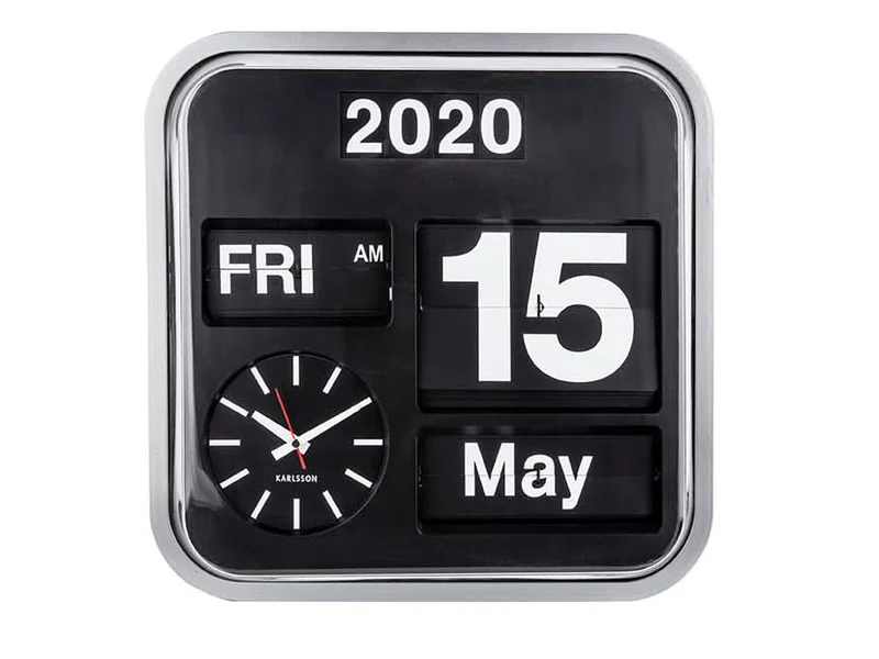 Karlsson Big Flip KA4202 Wanduhr Silber • Klappzahlen-Kalender • Retro-Design