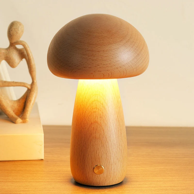 Houten Paddenstoel Tafellamp met Ingebouwde Batterij & Touch-bediening – Warm Sfeerlicht voor Woonkamer, Slaapkamer, Kantoor – Oplaadbare LED-lamp met Dimfunctie – Decoratieve Sfeerverlichting | Sansoti