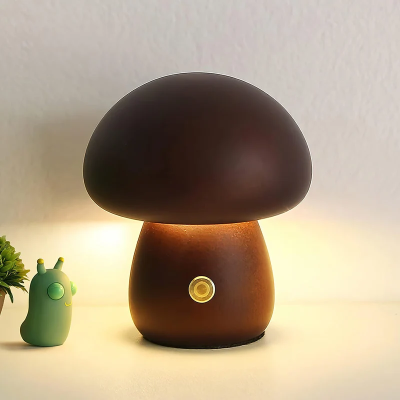Houten Paddenstoel Tafellamp met Ingebouwde Batterij & Touch-bediening – Warm Sfeerlicht voor Woonkamer, Slaapkamer, Kantoor – Oplaadbare LED-lamp met Dimfunctie – Decoratieve Sfeerverlichting | Sansoti