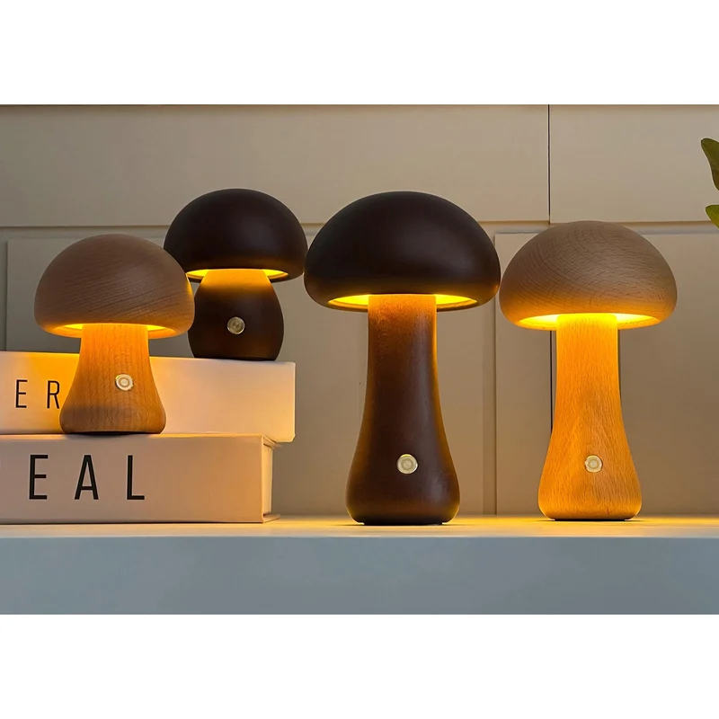 Houten Paddenstoel Tafellamp met Ingebouwde Batterij & Touch-bediening – Warm Sfeerlicht voor Woonkamer, Slaapkamer, Kantoor – Oplaadbare LED-lamp met Dimfunctie – Decoratieve Sfeerverlichting | Sansoti