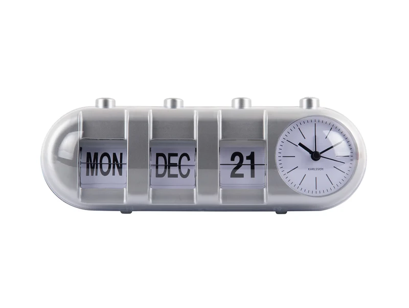 Karlsson Retro Tube Calendar Flip KA6045SI Wecker Silber • Klappzahlen-Anzeige • Retro-Design mit Kalender