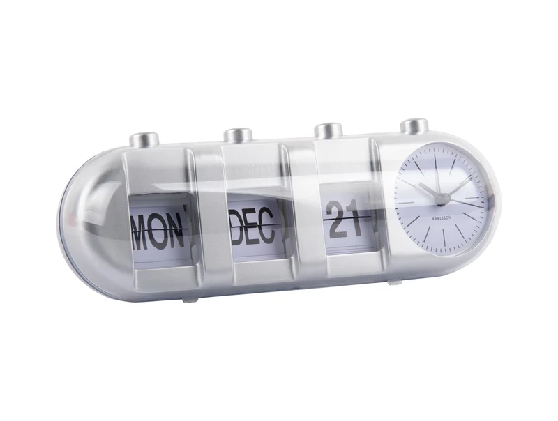 Karlsson Retro Tube Calendar Flip KA6045SI Wecker Silber • Klappzahlen-Anzeige • Retro-Design mit Kalender