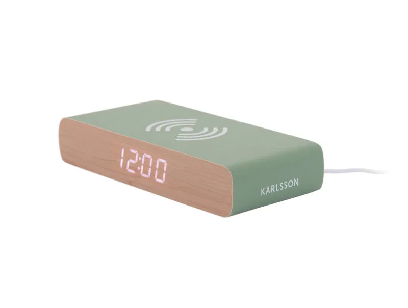 Karlsson Retro Flat LED KA6039GR Wecker Dschungelgrün • Digitales LED-Display • Kabelloses Qi-Laden