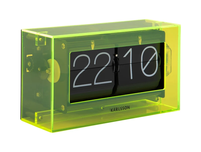 Karlsson Boxed Flip KA5976YE Tischuhr Neongelb • Klappzahlen-Retro-Design • Acrylgehäuse
