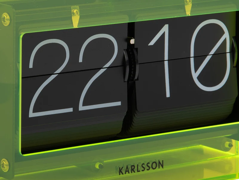 Karlsson Boxed Flip KA5976YE Tischuhr Neongelb • Klappzahlen-Retro-Design • Acrylgehäuse