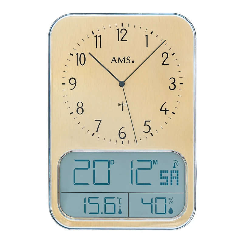 AMS Funk F5891M Wanduhr • Analog & Digital • Messing