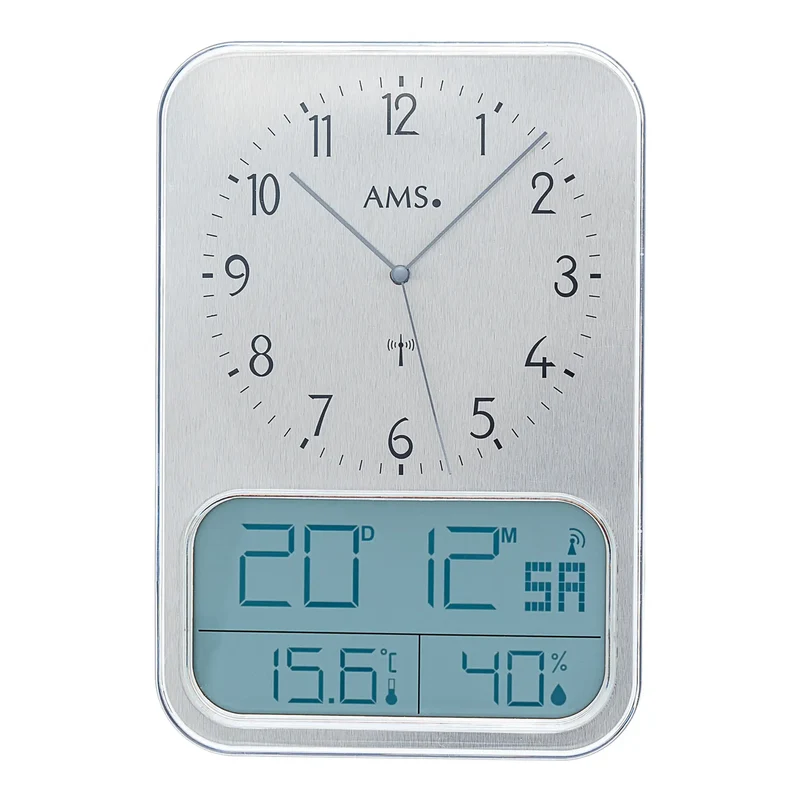 AMS Funk F5891A Wanduhr • Analog & Digital • Silber-Optik