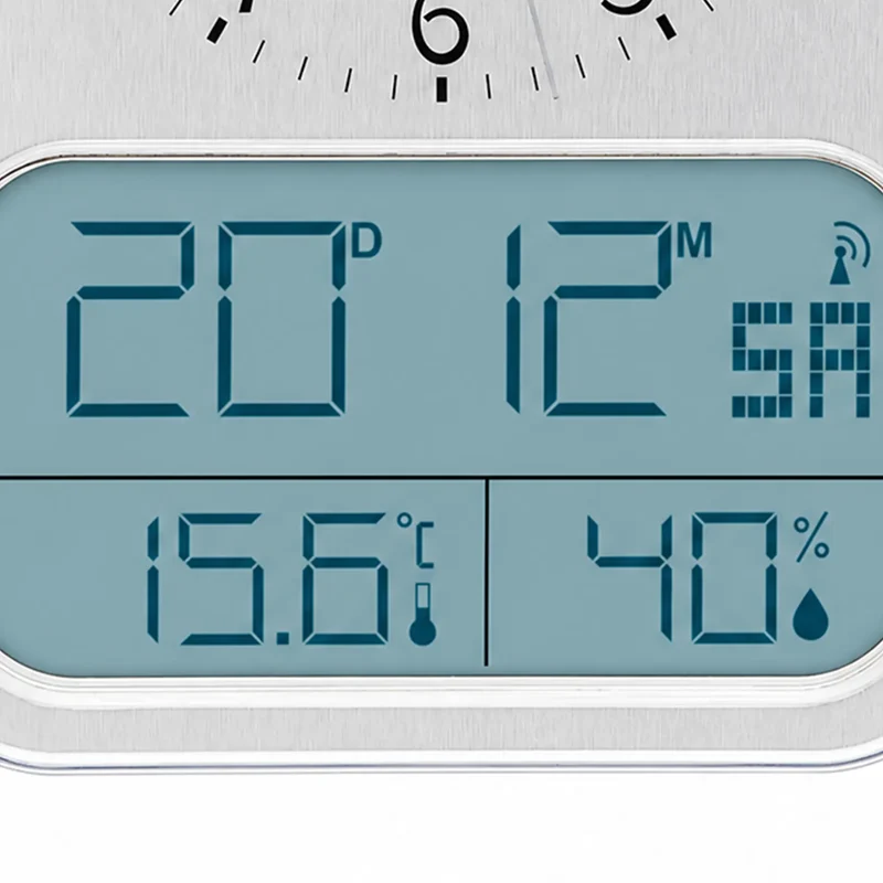 AMS Funk F5891A Wanduhr • Analog & Digital • Silber-Optik