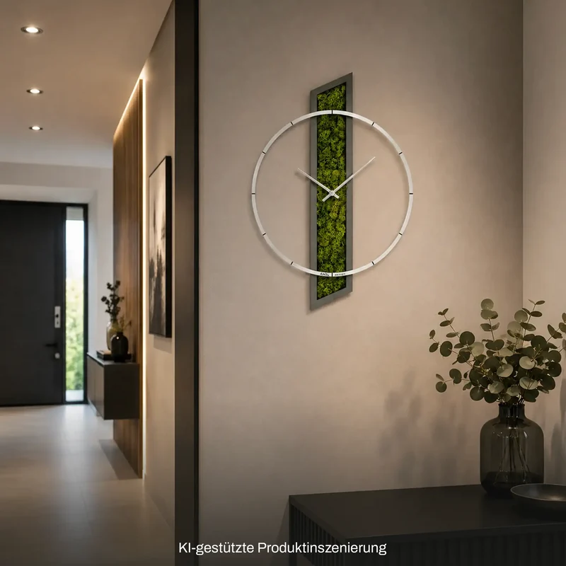 AMS Design W9605 Wanduhr • Holzgehäuse mit Moos-Einlage • Geräuschloses Quarzwerk