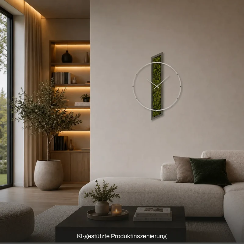 AMS Design W9605 Wanduhr • Holzgehäuse mit Moos-Einlage • Geräuschloses Quarzwerk